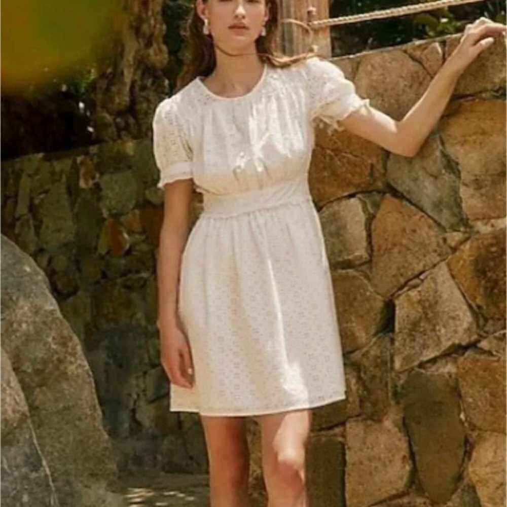 J. Crew Ivory Eyelet Mini Dress Button Front Short Sleeve Casual Summer Size 10